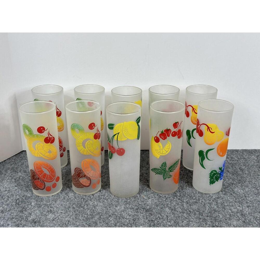 10 VTG Federal Frosted Glass Tom Collins Tumblers Summer Fruit Designs Barware